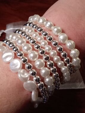 NWT Nine Brand 7-Piece Silver-Tone And Faux Pearl Beaded Stacking Bracelet Set